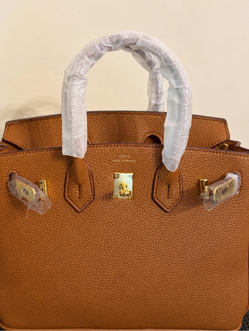 Brown/Tan Real Leather Top-Handle Bag with Gold Hardware